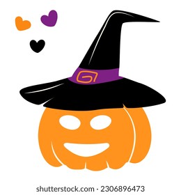 Orange pumpkin in a witch hat with smiling face and hearts around in trendy Halloween shades. Vector