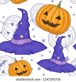 Orange pumpkin and wizard hat - linear engraving hand drawing. Vector seamless light pattern for decoration. Print on Halloween for children on clothes, gift wrapping.