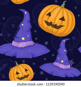 Orange pumpkin and wizard hat - linear engraving hand drawing. Vector seamless light pattern for decoration. Print on Halloween for children on clothes, gift wrapping.