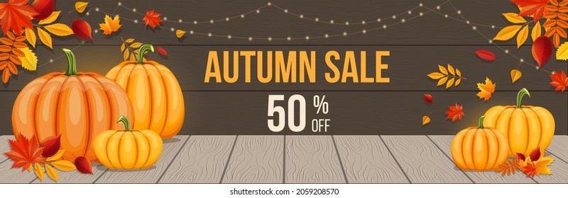 Orange pumpkins with autumn leaves on wooden background with lights string. Vegetable from the farm. Vector illustration. Autumn sale 50% off banner.