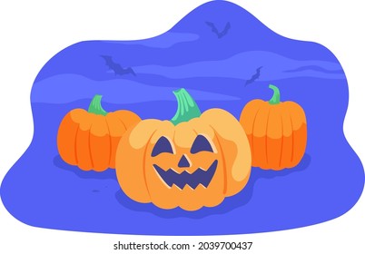 Calabazas naranjas con sonrisa talladora, cara, de noche. Feliz feriado de Halloween. Ilustración vectorial de dibujos animados. Fondo azul oscuro.