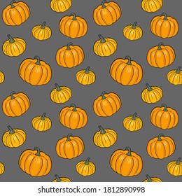 Orange pumpkins of different sizes on a gray background. Vector seamless pattern for wallpaper, wrapping paper, wrapper, packaging, country fair, farm market, food store, shop, textile, menu and print