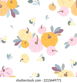 Orange pumpkins with flowers on a white background. Colorful pumpkins. Seamless vector pattern.