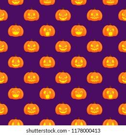 Orange pumpkins with funny carving glowing faces. Halloween seamless vector pattern