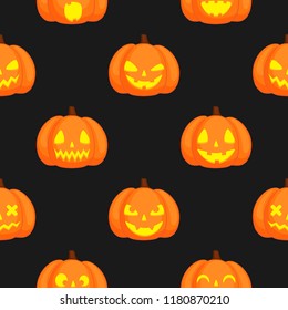 Orange pumpkins with funny carving glowing faces. Halloween seamless vector pattern