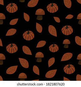 Orange pumpkins, leaves, mushrooms seamless pattern on black background