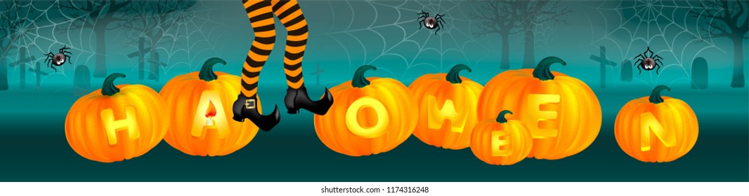 Orange pumpkins with lighting text, witch legs with striped stockings on dark green background with cobweb and cute spiders. Happy Halloween horizontal banner