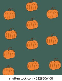 Calabazas anaranjadas sobre fondo verde, patrón de calabazas dibujadas a mano ilustración linda