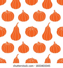 Calabazas naranjas sobre un fondo blanco. Patrón vectorial sin cable. Ilustraciones de otoño para decoraciones de vacaciones, postales, carteles, papel de envoltura de regalo, impresiones modernas, tejidos brillantes y textiles.