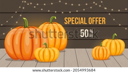 Orange pumpkins on wooden background with lights string. Vegetable from the farm. Vector illustration. Special offer 50% off banner.