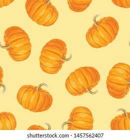 Orange pumpkins on yellow background seamless pattern. Thanksgiving day background. Vector autumn illustration of vegetables in cartoon flat style.