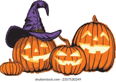Orange pumpkins with purple witch hat for halloween