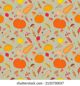 Orange pumpkins, root vegetables, onions, carrots, garlic.Seamless texture autumn harvest with pumpkins, acorns, autumn leaves, berries, hand drawn, vector, pattern