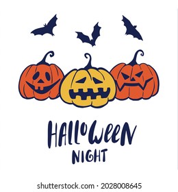 Orange pumpkins with a scary faces, flying bats above them and lettering. Happy Halloween night design print card, invitation, banner. Funny hand drawing style vector illustration.