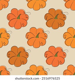 Padrão contínuo com abóboras laranja no fundo bege. Fundo de vetor de outono colorido para Halloween ou Ação de Graças. Vista de cima das abóboras. Design simples para imprimir em papel de parede, têxtil, papel