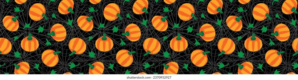 Orange pumpkins seamless vector border. Repeating hand drawn pumpkin silhouette with leaves on spiderweb backdrop. . Halloween banner for party decor, ribbons or Farmers Market marketing