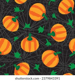 Orange pumpkins seamless vector border. Repeating hand drawn pumpkin silhouette with leaves on spiderweb backdrop. . Halloween banner for party decor, ribbons or Farmers Market marketing