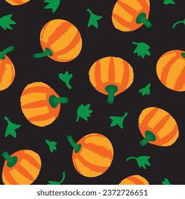 Orange pumpkins seamless vector pattern background. Repeating hand drawn pumpkin silhouette with green leaves on black backdrop. Halloween or agricultural design for packaging, branding, marketing.