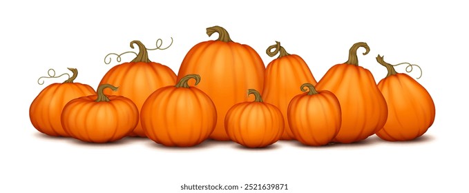 Orange pumpkins with stems realistic color objects composition. Rich harvest of farm vegetables 3d illustration on white background