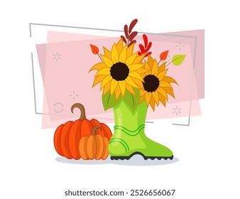 Orange pumpkins and sunflowers in rain boot vector illustration on abstract background. Cartoon drawing for banner design. Autumn or fall, vegetables, harvest, Thanksgiving concept