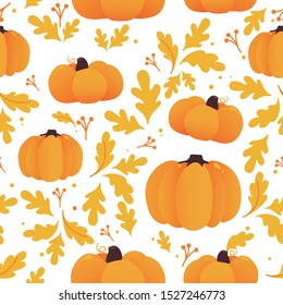Orange pumpkins thanksgiving day and leaf seamless pattern in a warm color. Halloween and autumn mood. Vector eps file