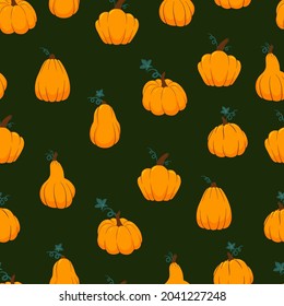 Orange pumpkins of various shapes seamless pattern. Thanksgiving, harvest and Halloween autumn background. Cartoon vector fall texture.