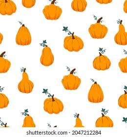 Orange pumpkins of various shapes seamless pattern. Thanksgiving, harvest and Halloween autumn background. Cartoon vector fall texture.