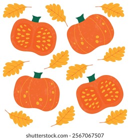 Orange pumpkins and yellow autumn oak leaves on a white background. Vector illustration.	