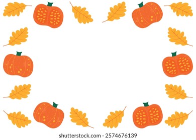 Orange pumpkins and yellow oak leaves on a white background. Vector background with copy space. Vector illustration.	