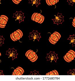 orange pumpkins and yellow spiders with red cobwebs on black background seamless vector pattern for halloween holiday