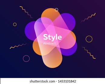 Orange and purple abstract graphic elements on blue background. Dynamic colored form and line. Banner with gradient capsule shapes. Template for logo, flyer, presentation design. Vector illustration