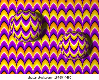 Orange and purple background with moving spheres. Motion illusion.