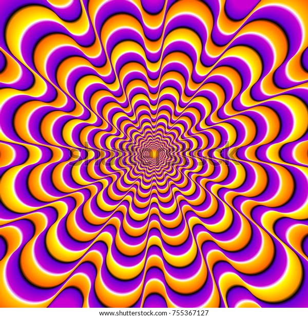 Orange and purple  background with yellow\
spirals. Optical expansion\
illusion.