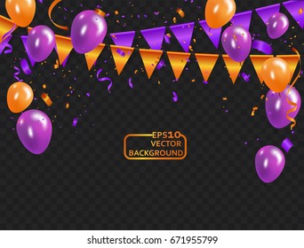 Orange purple balloons, confetti concept design Halloween Carnival background. Celebration Vector illustration.