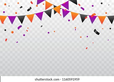 Orange And Purple Black Confetti With Ribbon Flags Falling On Background. Celebration Event & Birthday. Halloween Party color concept. Vector