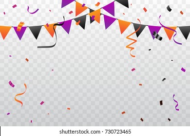 Orange And Purple Black Confetti With Ribbon Flags Falling On Background. Celebration Event & Birthday. Halloween Party color concept. Vector