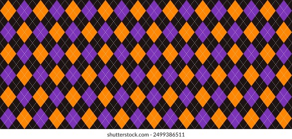 Orangefarbenes, violettes und schwarzes nahtloses Argyle-Muster. Halloween Rhombus wiederholte Textur Hintergrund. Vernähte Diamantformen für Textil-Design, Stoffdruck, Umhüllungspapier, Kleidung. Vektortapete