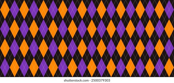 Orange, purple and black seamless argyle pattern. Halloween rhombus repeated texture wallpaper. Stitched diamond forms for textile design, fabric print, wrapping paper, clothes. Vector background