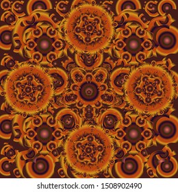 Orange, purple and brown seamless background flower ornament pattern. Abstract arabesque background for greeting card, presentation or wedding invitations. Traditional vector gothic damask background.