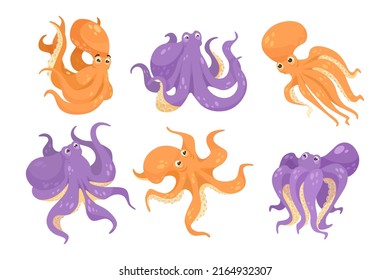 Orange and purple comic octopuses vector illustrations set. Underwater animal cartoon characters with tentacles, sea or ocean creatures isolated on white background. Wildlife, nature concept