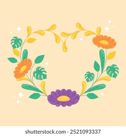 Orange and purple flowers in floral wreath with green leaves Vector