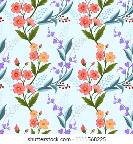 Orange and purple flowers seamless pattern for fabric textile background.