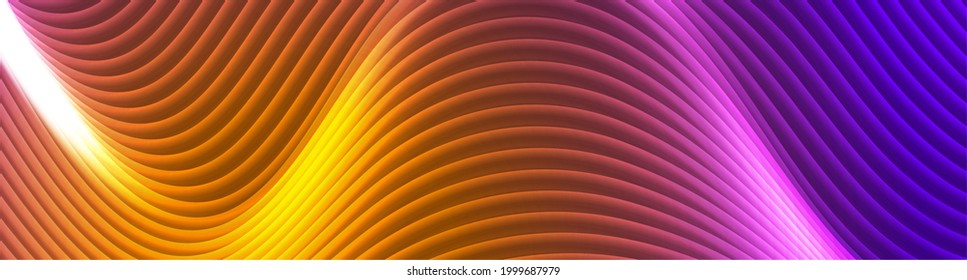 Orange purple glowing neon waves abstract banner. Futuristic luminous vector background