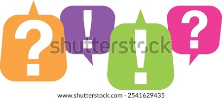 orange purple green and pink speech icon with question mark and exclamation mark white color, exclamation mark and question mark vector illustration, isolated on white background.