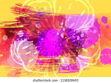 Orange and purple grunge background with abstract swirls and flower decoration. 