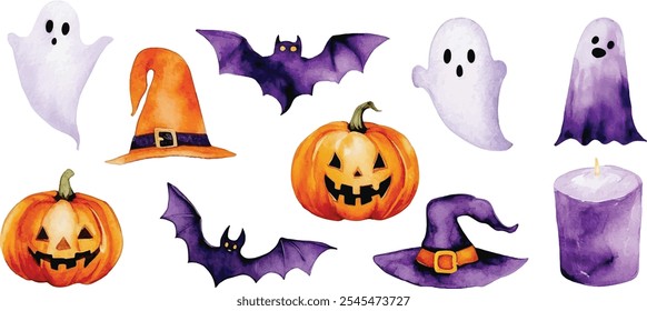 Orange und lila Halloween Objekt Kollektion Aquarellbild