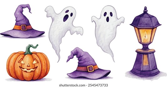 Ilustración de acuarela de Colección de objetos de Halloween naranja y púrpura