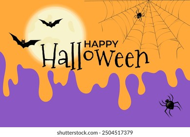 Orange purple Halloween poster. Liquid drips as a background. A scary web and spiders, bats and a big glowing moon. Happy Halloween greeting text