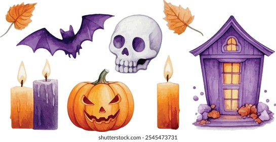 Orange and Purple Haunted Halloween Object Collection Watercolor Illustration