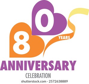 orange and purple heart shape number 80 white color and word years white color on purple ribbon and word anniversary celebration are at the bottom.